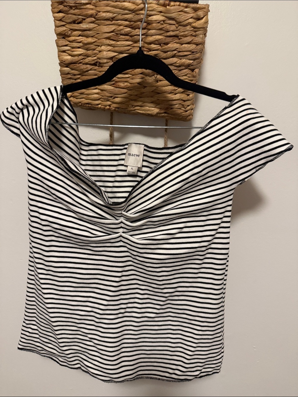 Maeve Black & White Striped Off-Shoulder Twist Top